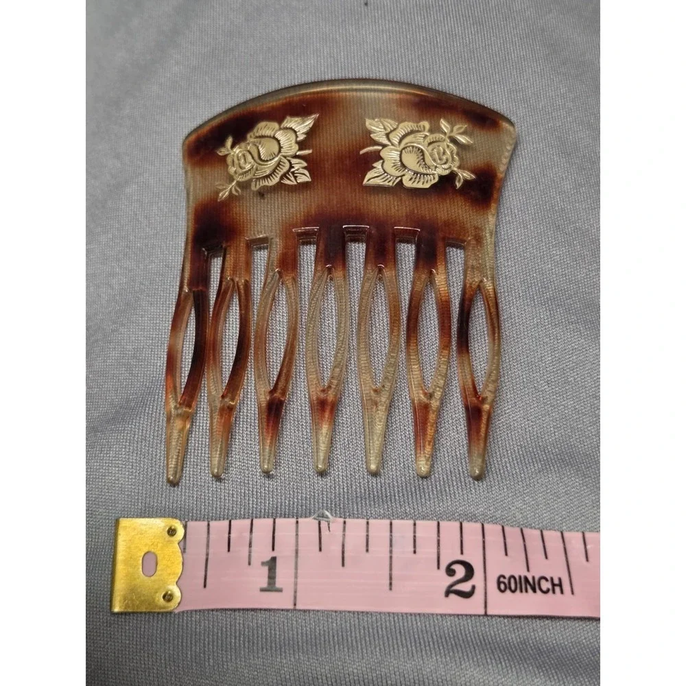 Vintage Hair Comb Faux Tortoise Shell Gold Roses Flowers France Accessory